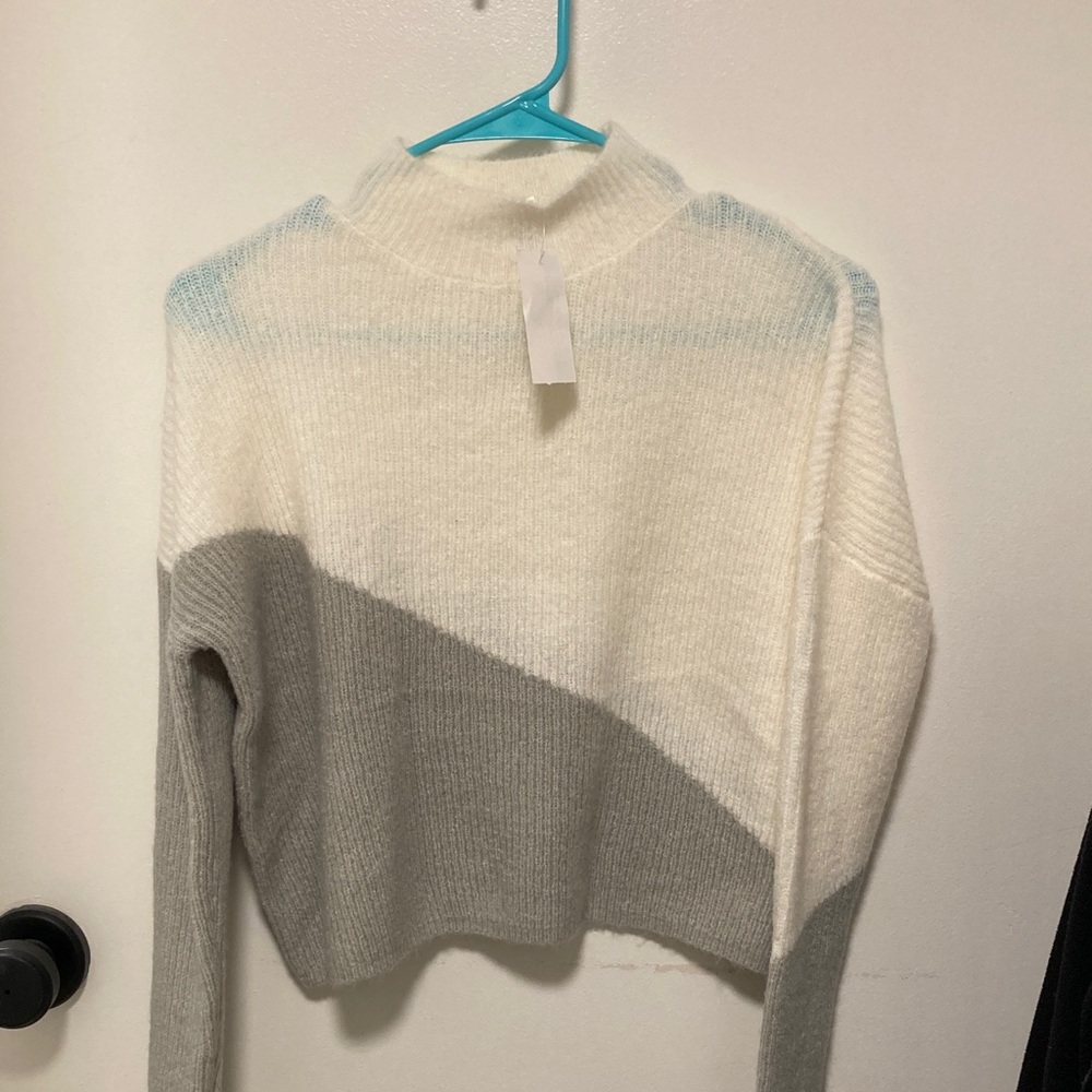 Planet Gold Cream and Light Gray Diagonal Block Mock Neck Sweater